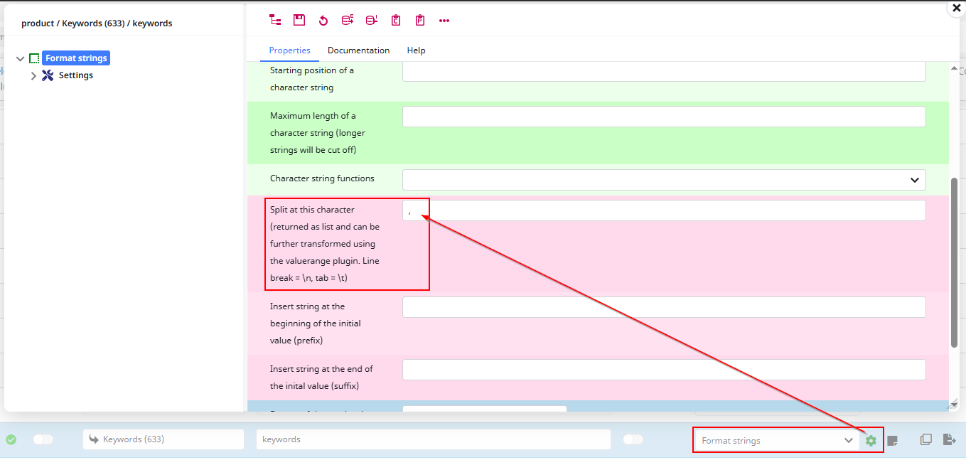 Configuration for keyword format strings example export