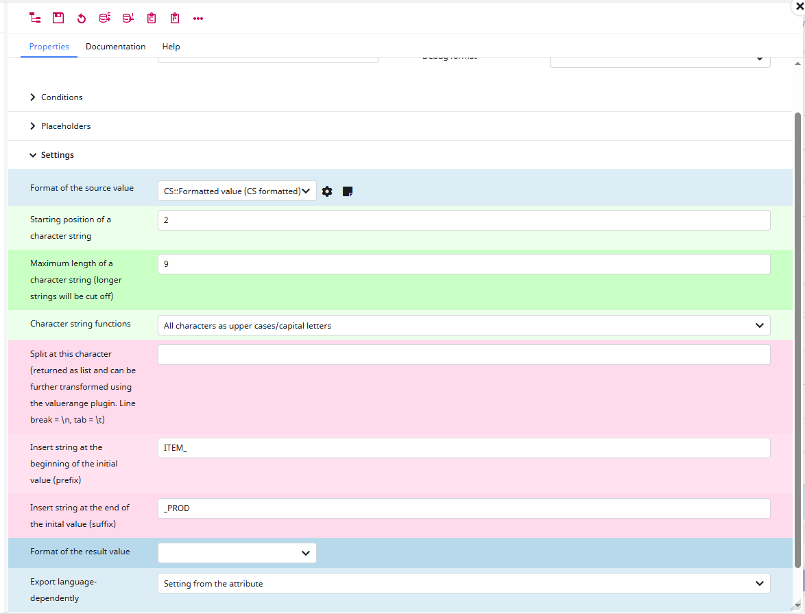 Screenshot of how to configure the Format strings format plugin