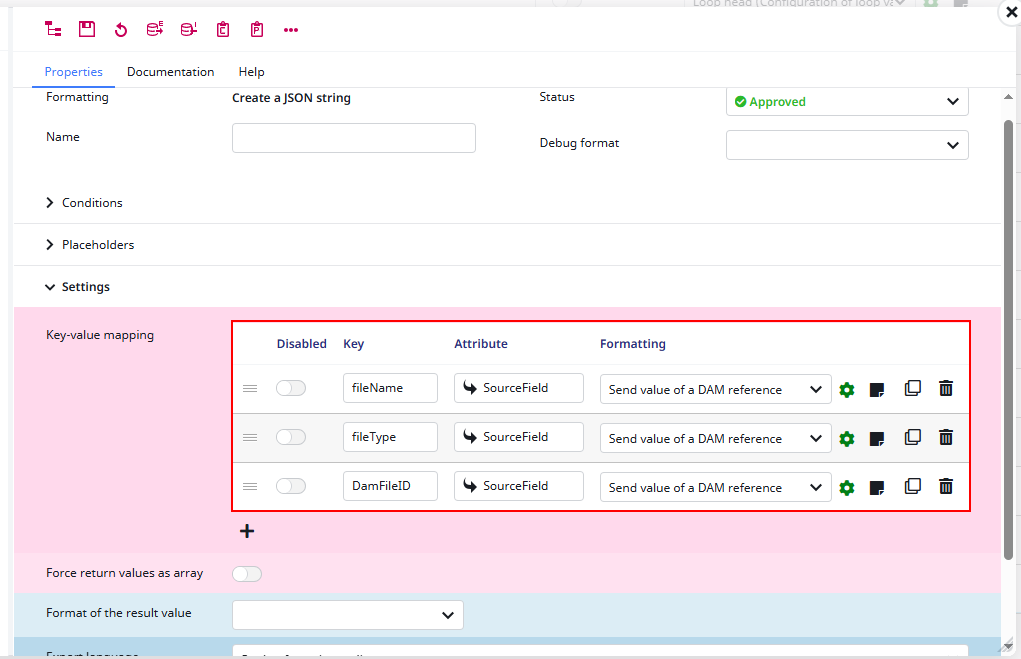 Screenshot of how to configure the JSON string format plugin