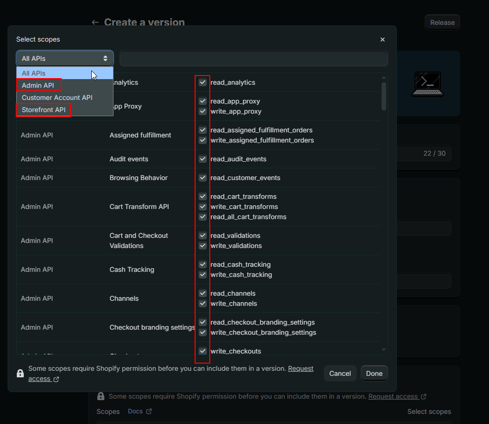 Selected Access Scopes for the Shopify App