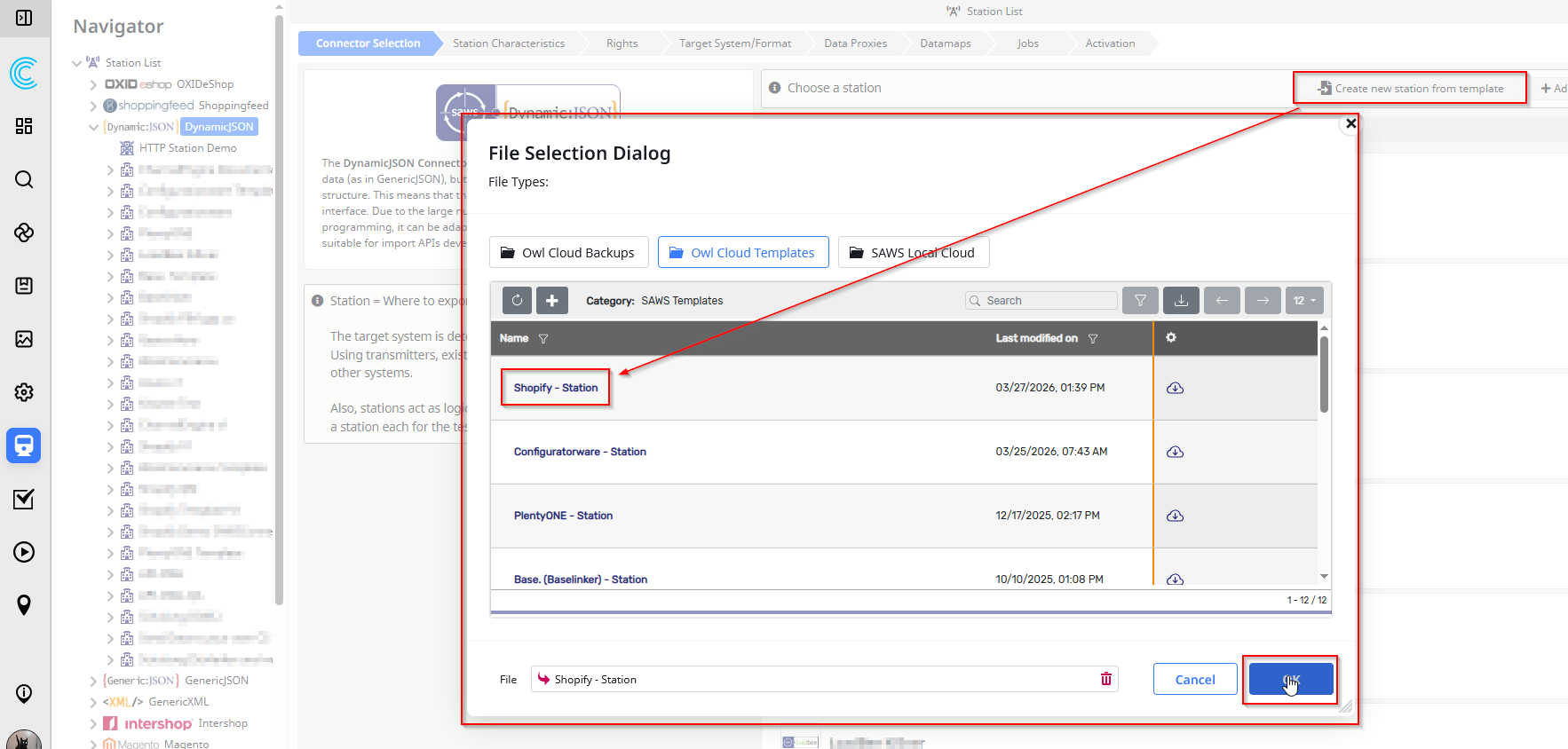 Screenshot of the Template selection for the Shopify Station Template Import