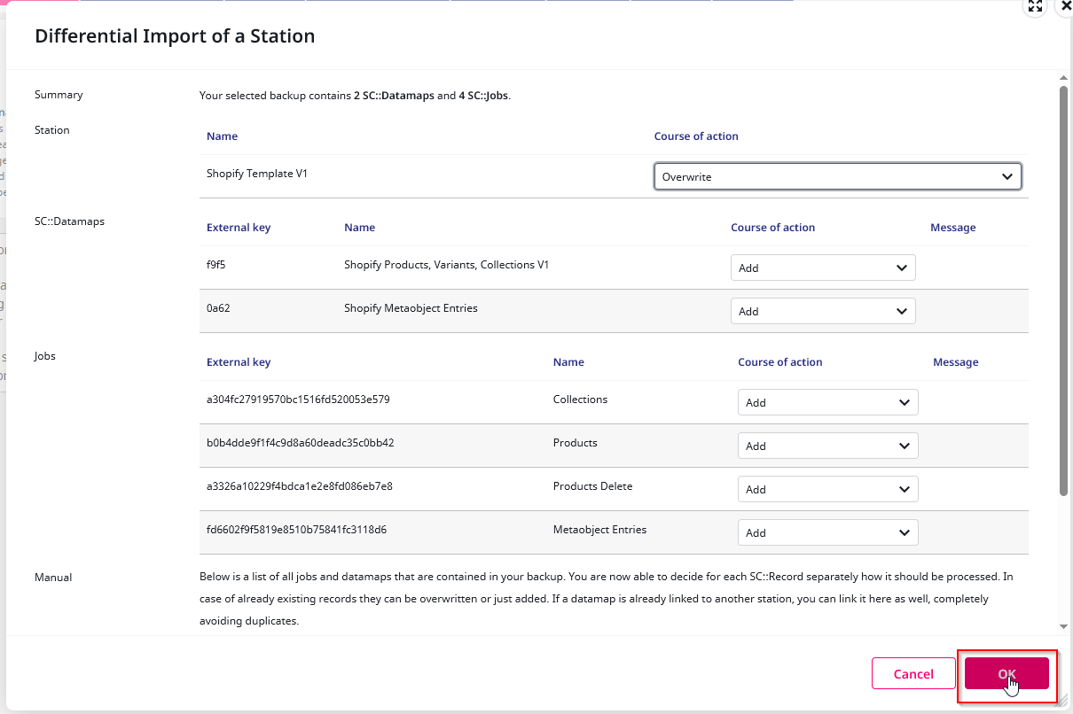 Screenshot of the confirmation for the Shopify Station Template Import