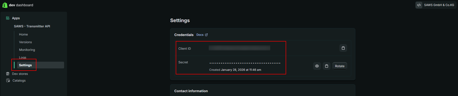 Screenshot of where to copy the cliend id and secret for the app
