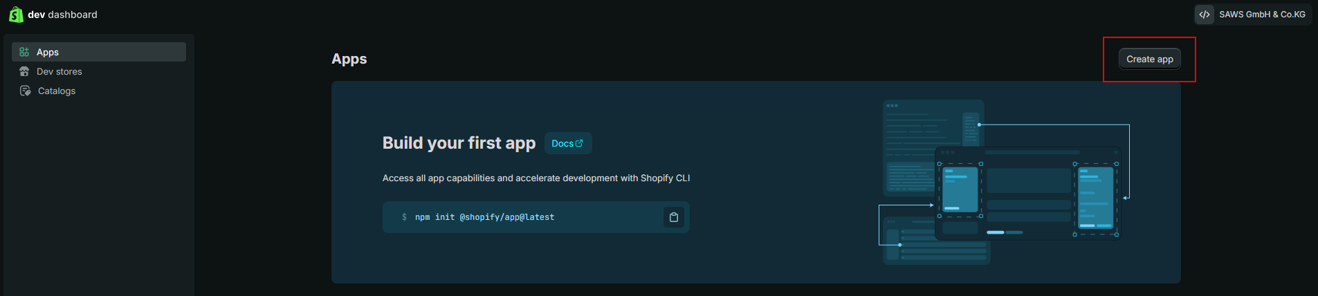 Screenshot of showcasing how to create an app in the developer dashboard of shopify