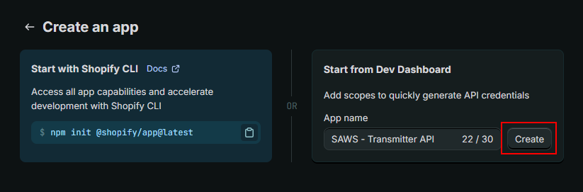 Screenshot giving the Shopify App a name