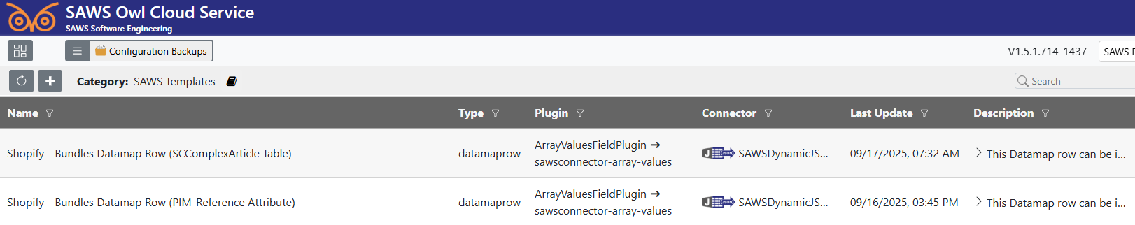 Screenshot of datamap row templates for bundles