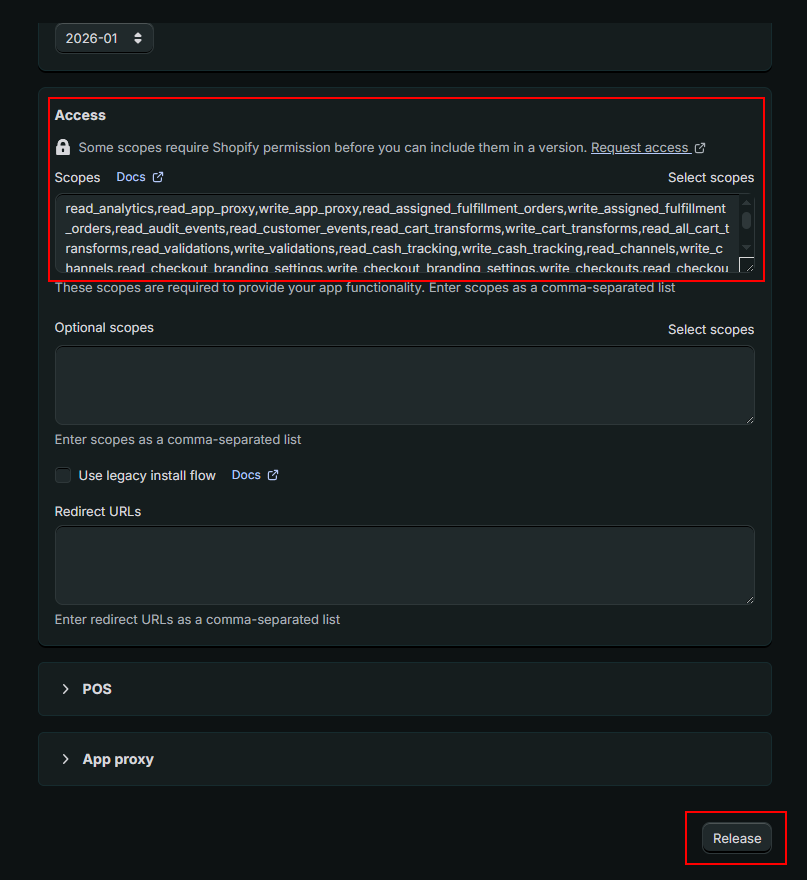 Screenshot on how to release the created Shopify app