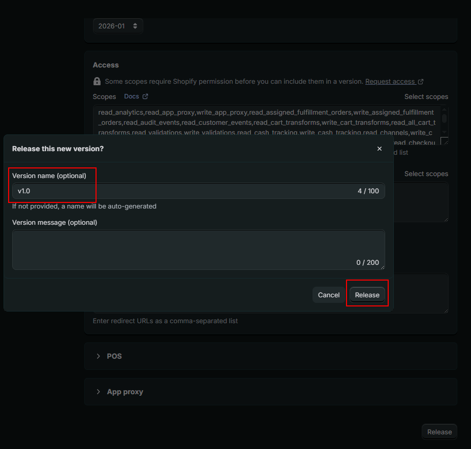 Screenshot setting a version for the released app