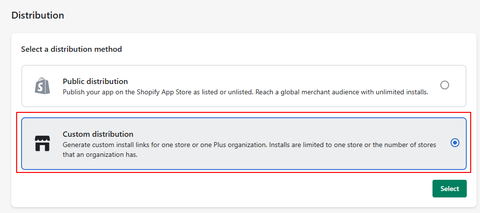 Screenshot of Step 1 selecting the distribution method