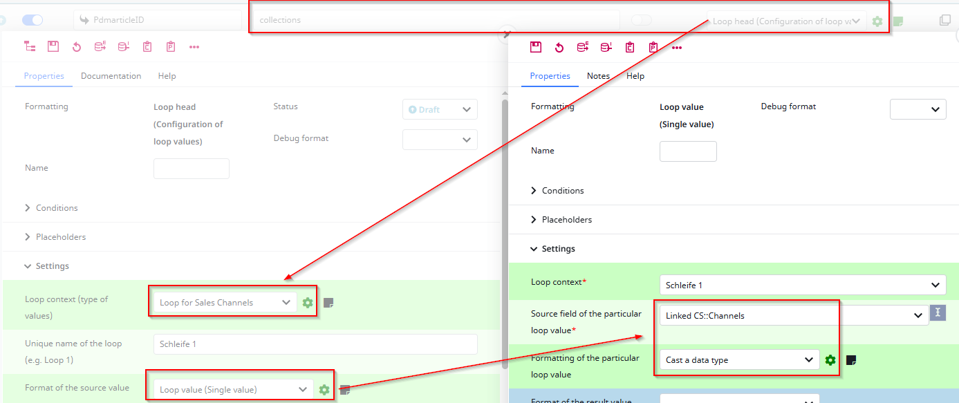Screenshot of the configuration on how to add products to collections manually with the productUpdateCreate-datamap