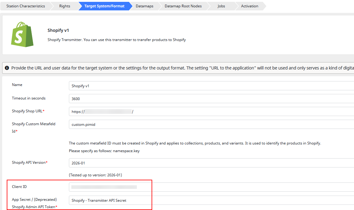 Screenshot Shopify Transmitter Configuration ClientID and App Secret