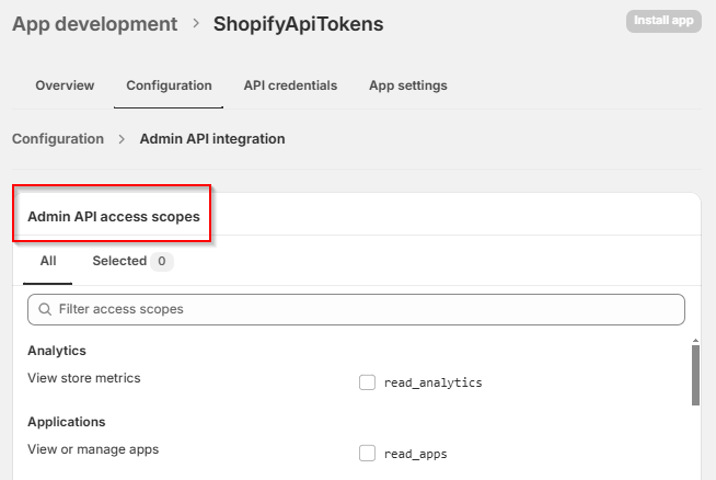 access scope of the admin API configuration