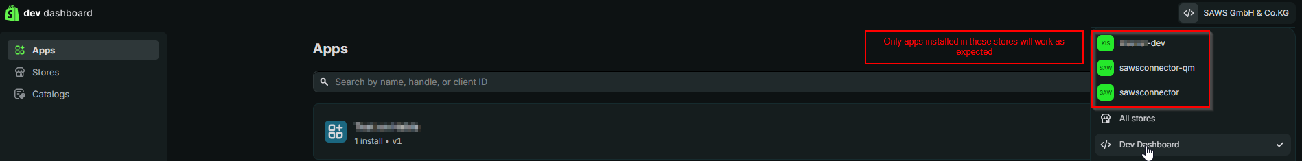Screenshot of the Dev Dashboard to check which stores are available