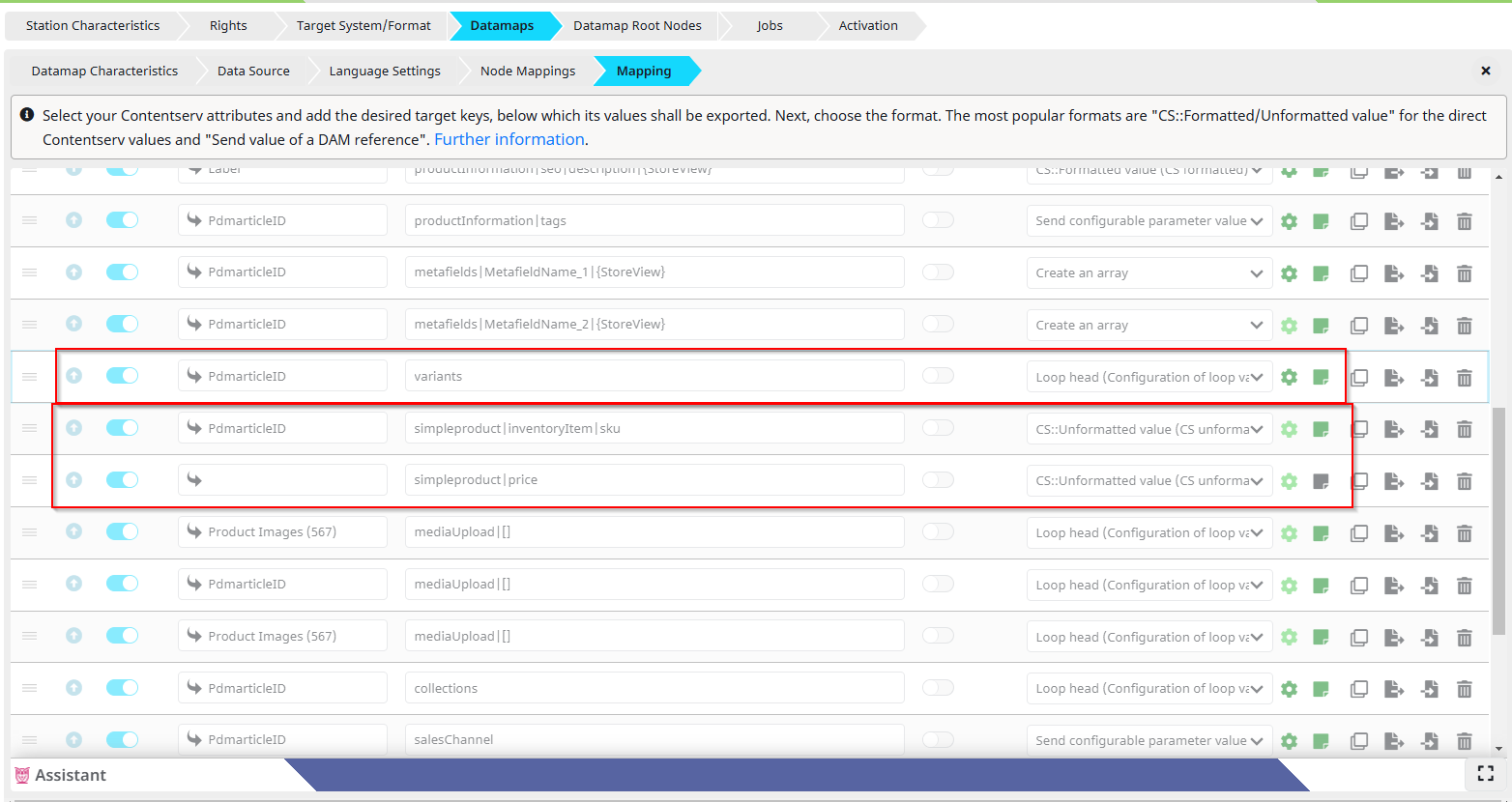 datamap with the configuration of simple products or variants