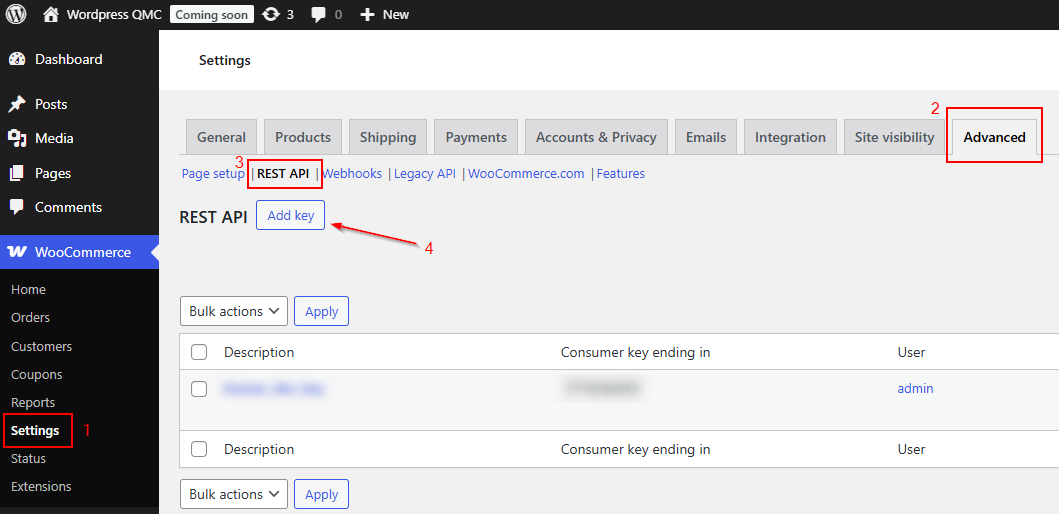 Step 1 for generating the WooCommerce credentials