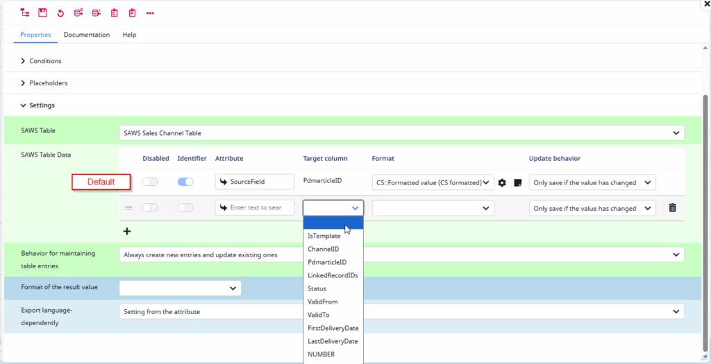 Screenshot of the "Add/Update SAWS table entry" format plugin configuration