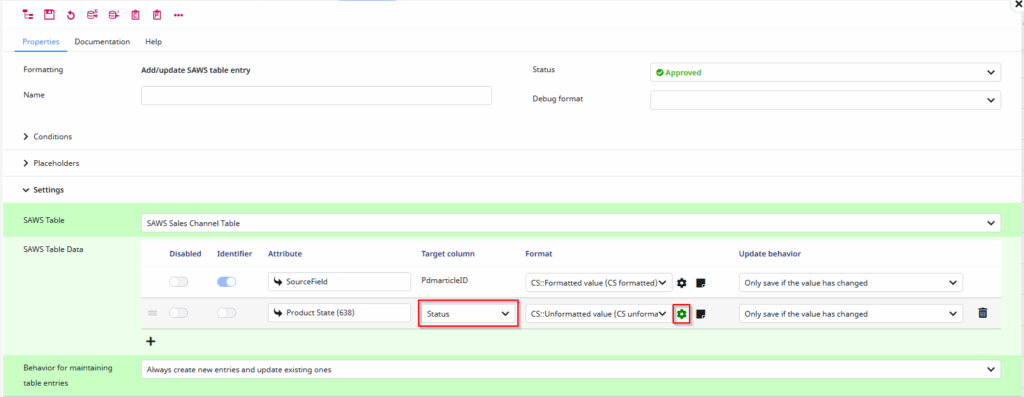 Screenshot of the configuration for the "Add/update SAWS table entry" Format