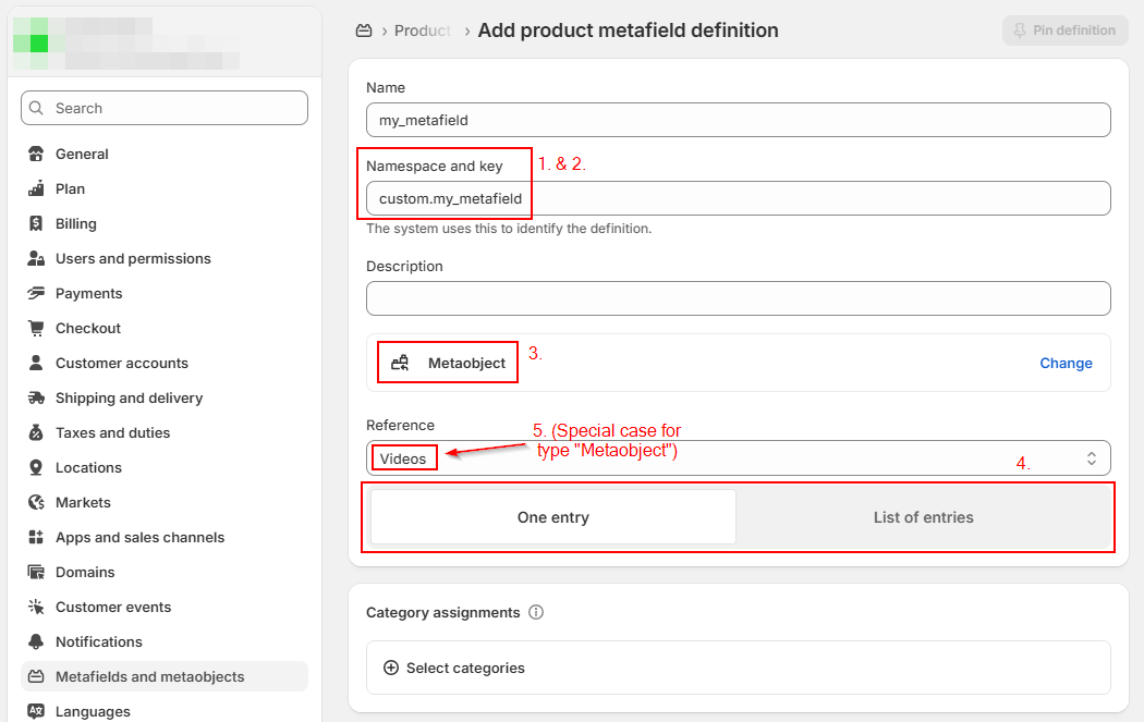 Shopify Metafield configuration example