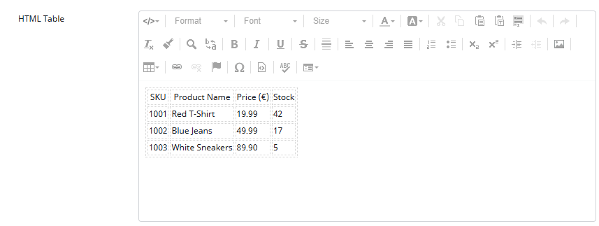 HTML Table as attribute in contentserv