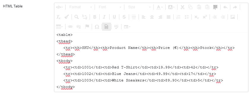 Contentserv attribute html table structure