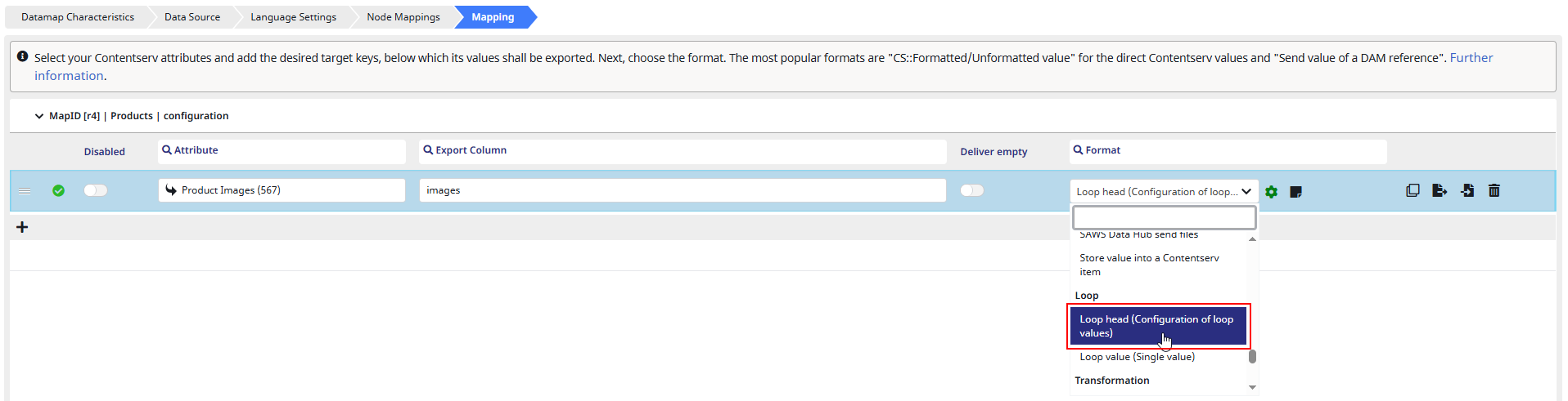 Example Datamap configuration with loop head format plugin to create an array