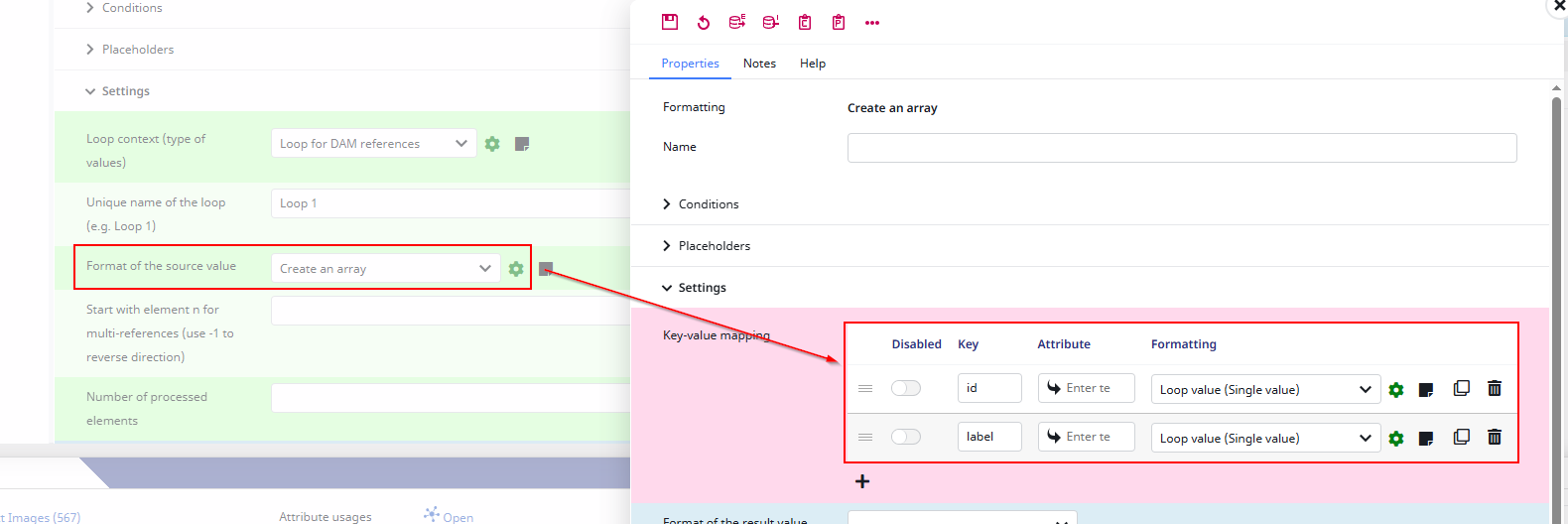 Example Loop head configuration with array as format plugin