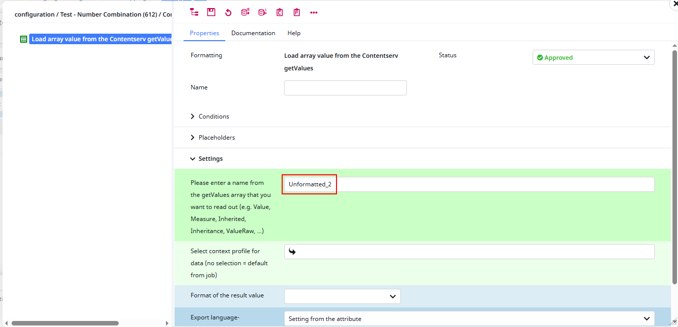 Configuration of the getValues Format plugin