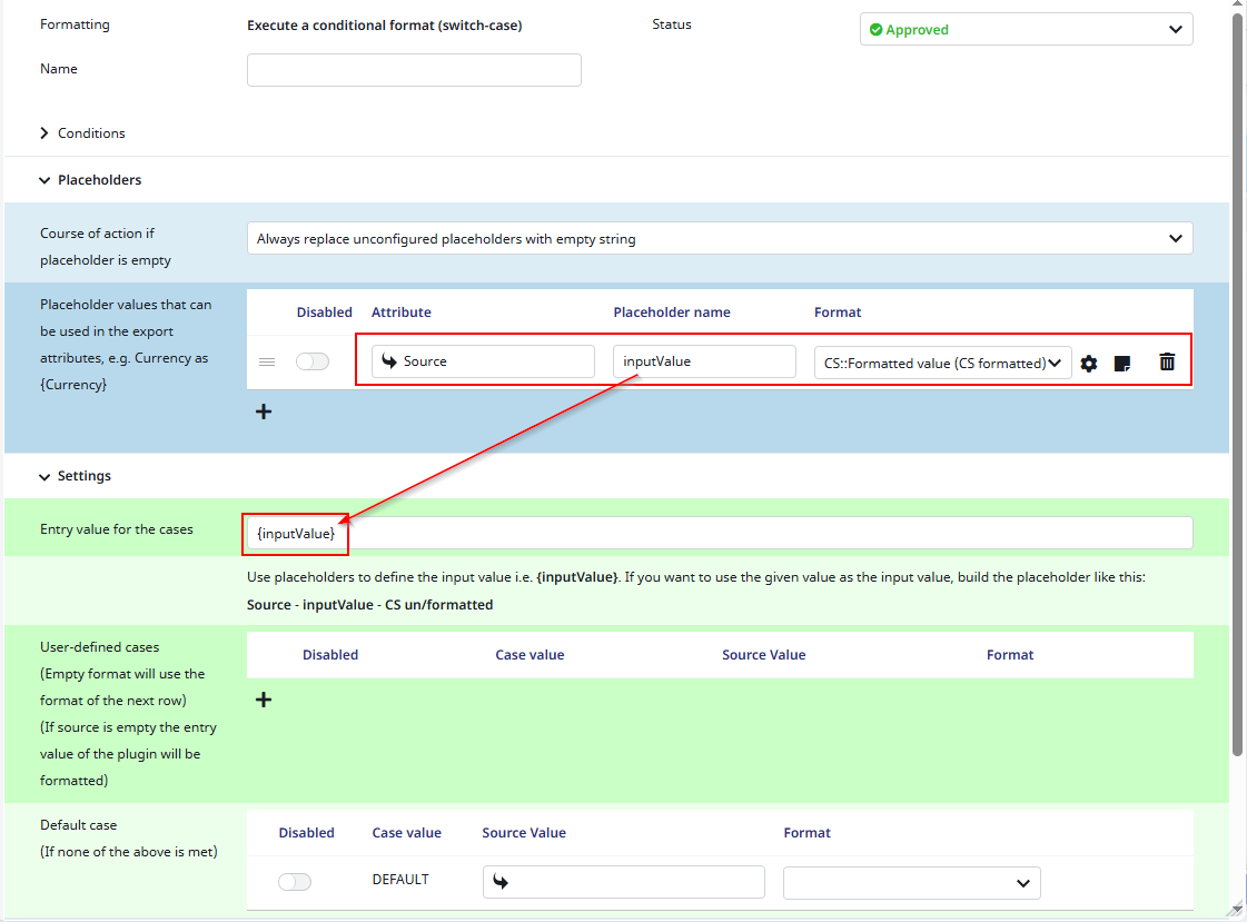 Entry value for the Switch case format plugin