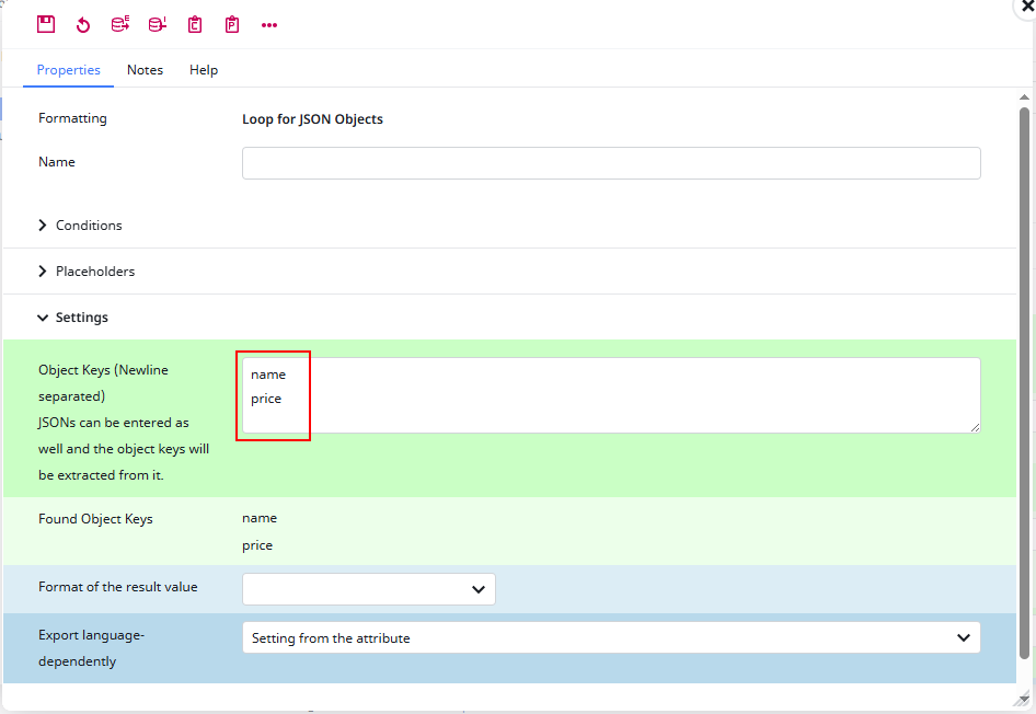 Configuration of the loop context with example object keys