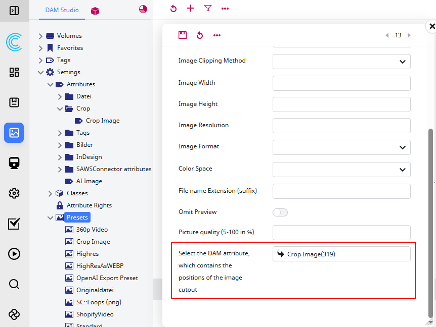 Selection of the created crop image attribute in the preset