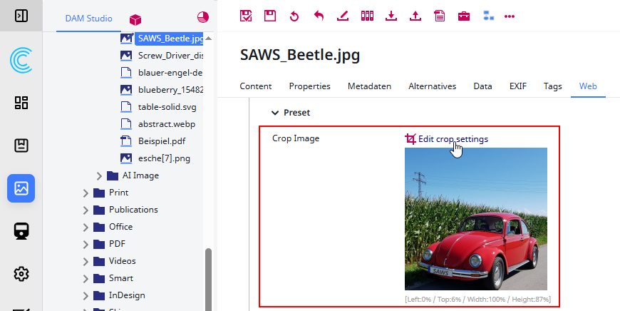 Usage of the crop image attribute with the preset