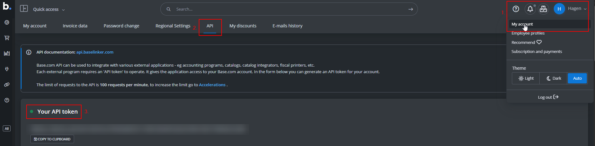 Screenshot of the Base. API Token setting