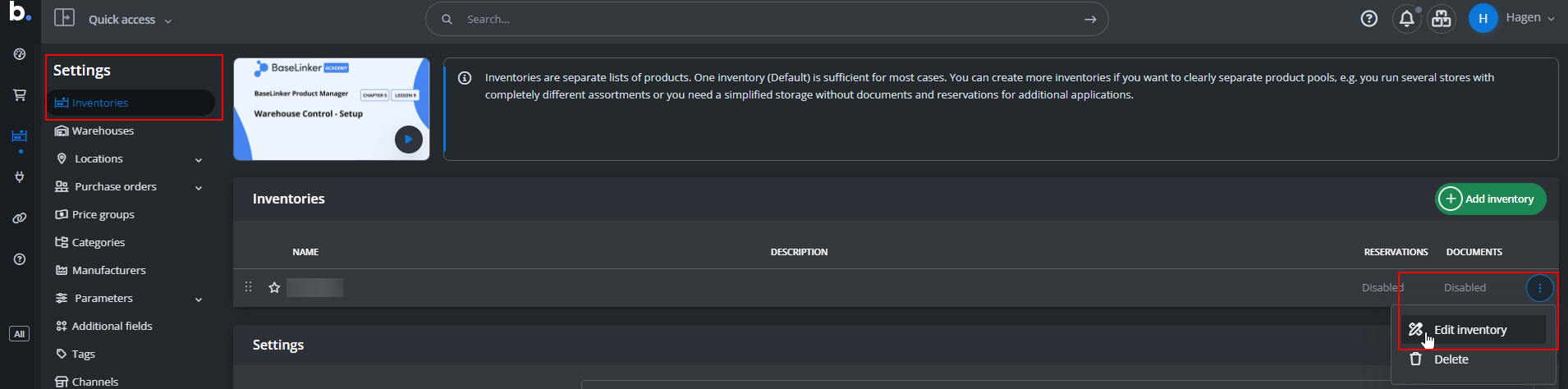 Screenshot of Base. inventory settings