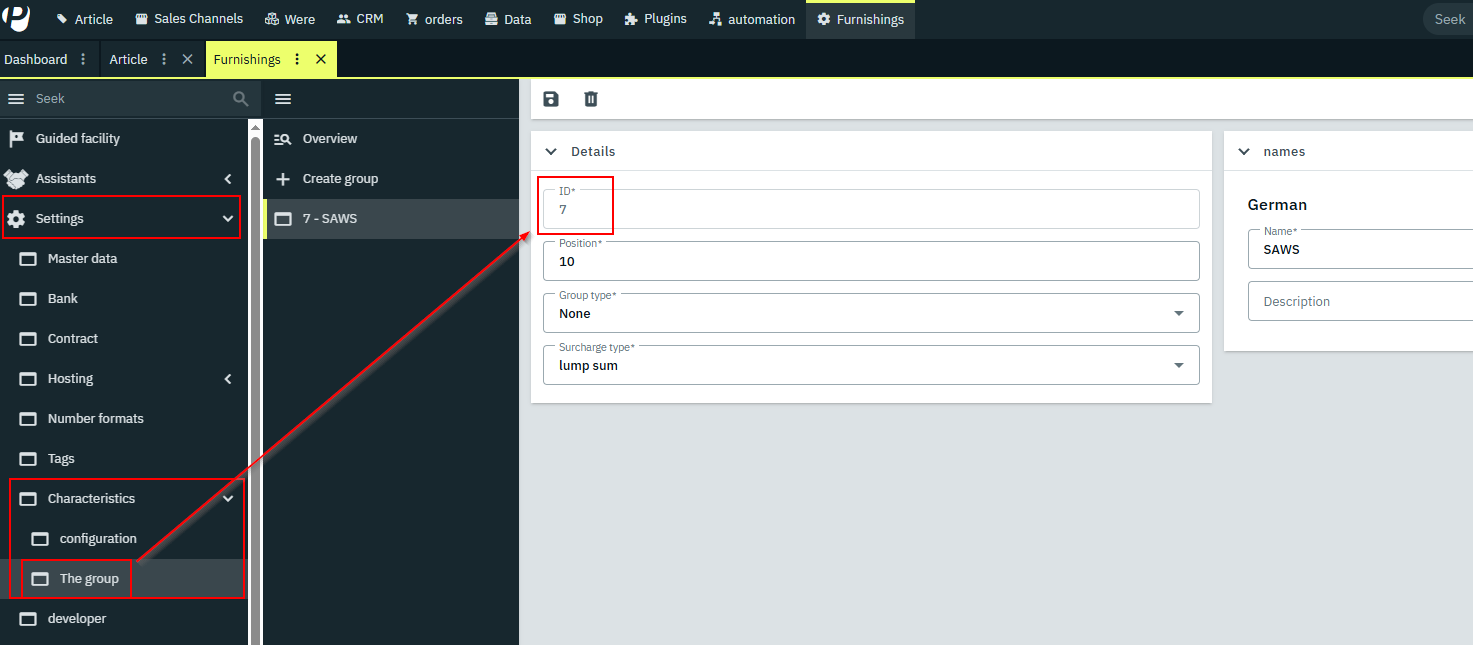 Screenshot of how to get the GroupId in PlentyONE