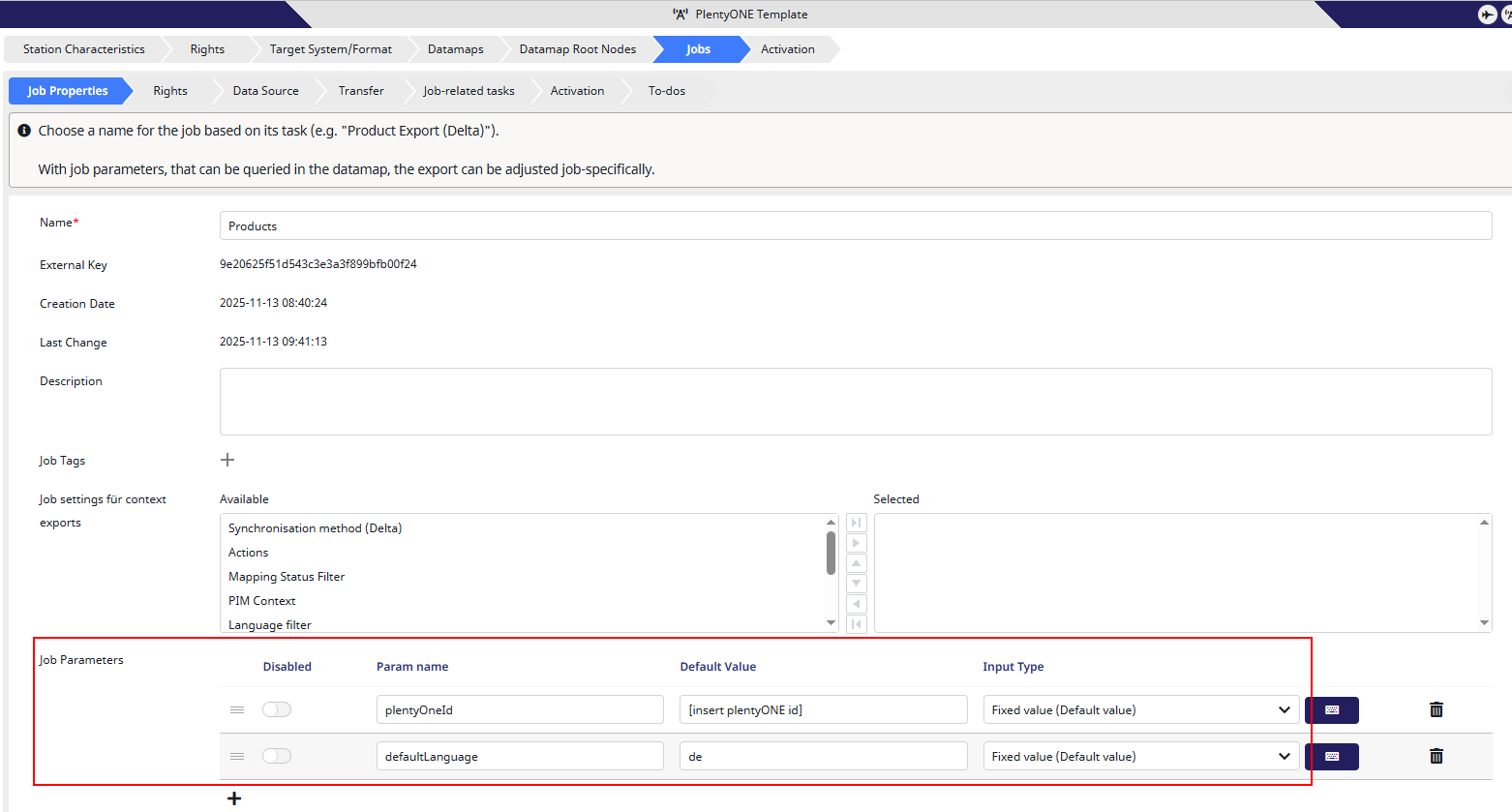 PlentyONE Job Settings example