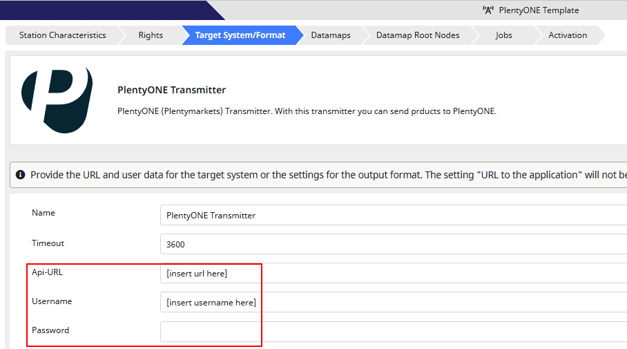 PlentyONE Transmitter Settings