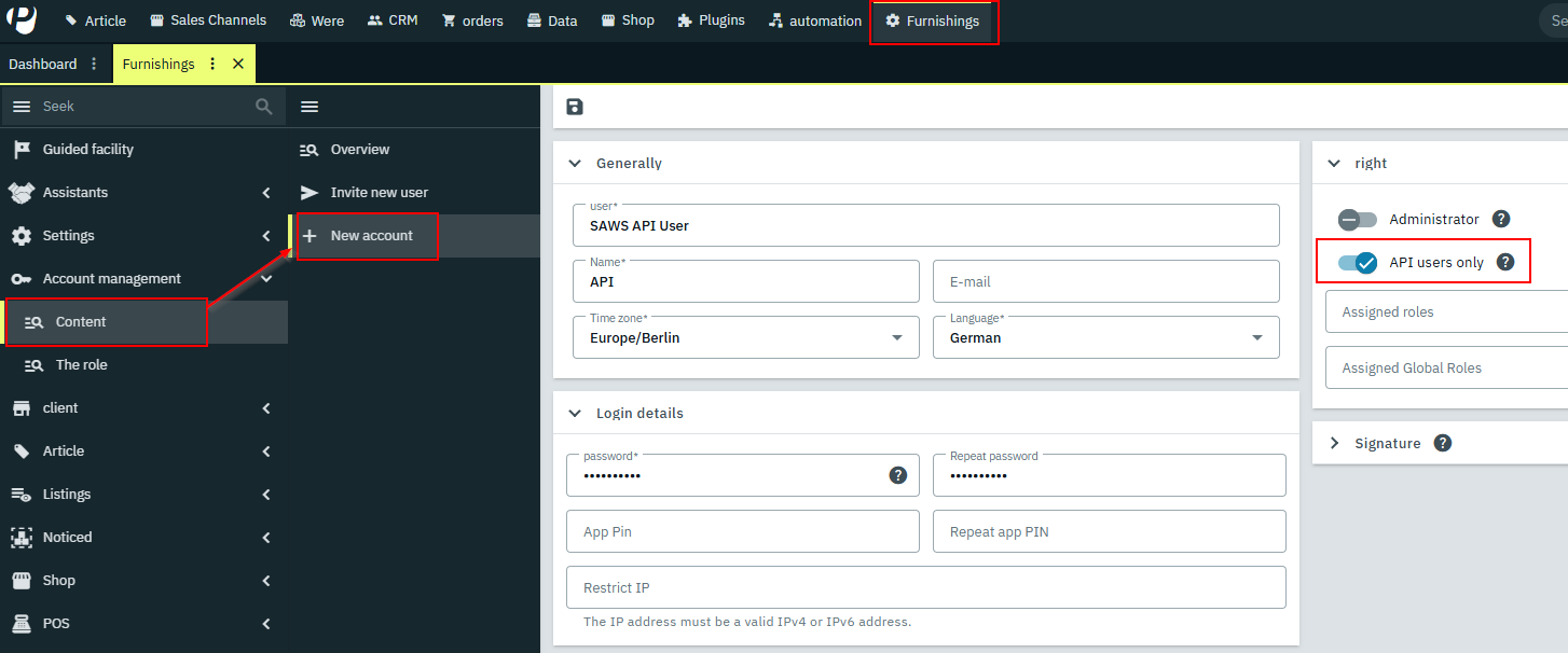 PlentyONE Create the API User