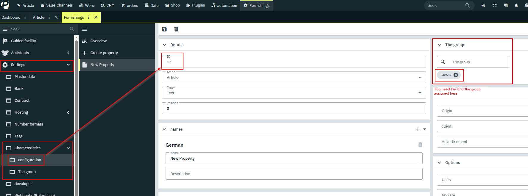 Screenshot of how to get the PropertyID in PlentyONE