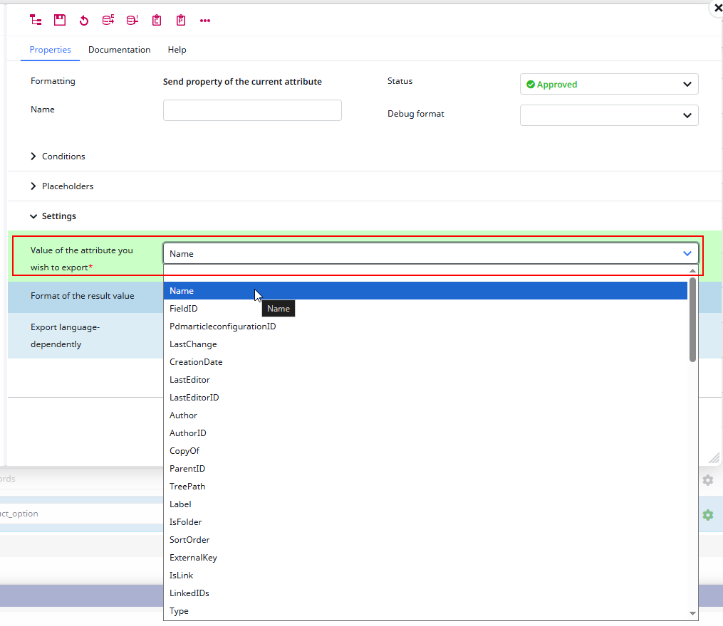 Screenshot of Send a property of the current attribute configuration