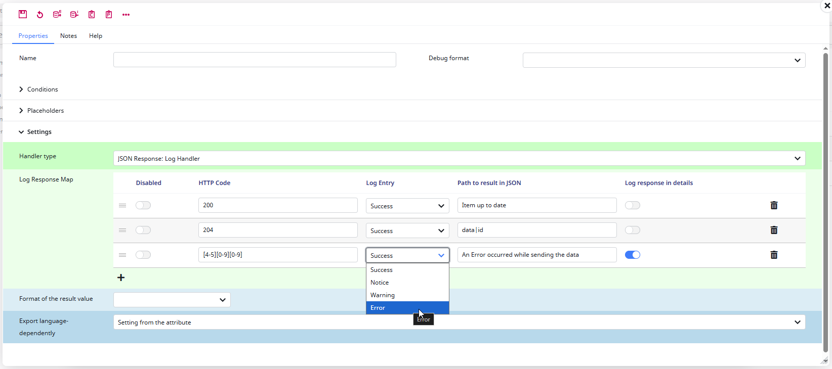 Screenshot of Log Handler Configuration