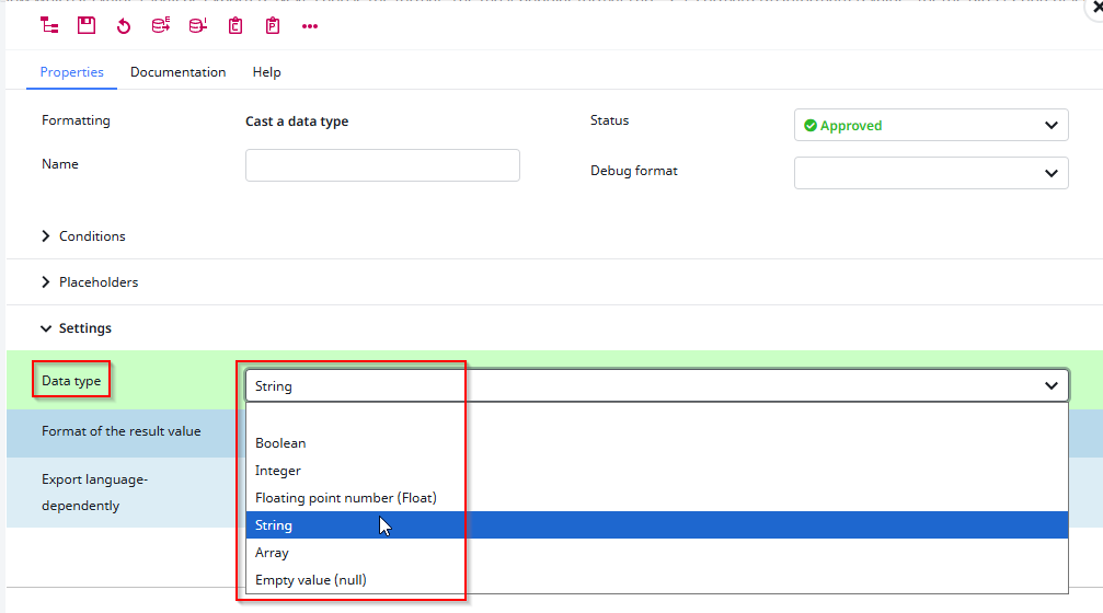 Screenshot of configuring the cast a data type format plugin