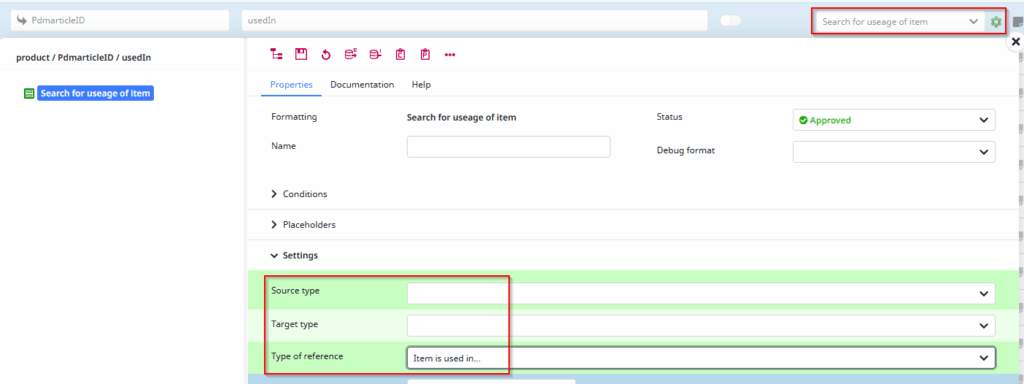 Screenshot of the configuration for the "Search for useage of item" format plugin