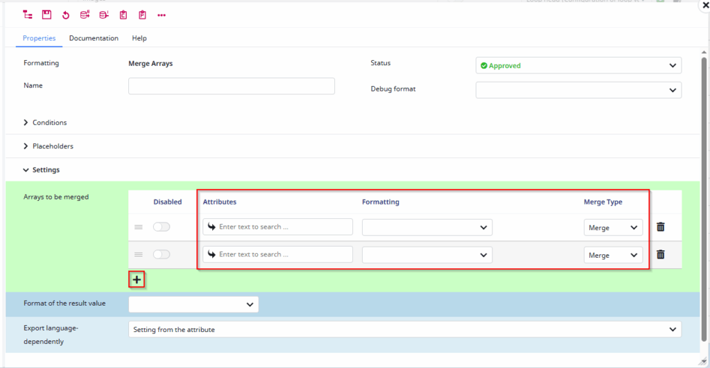 Screenshot of the configuration of the Merge Array Format Plugin
