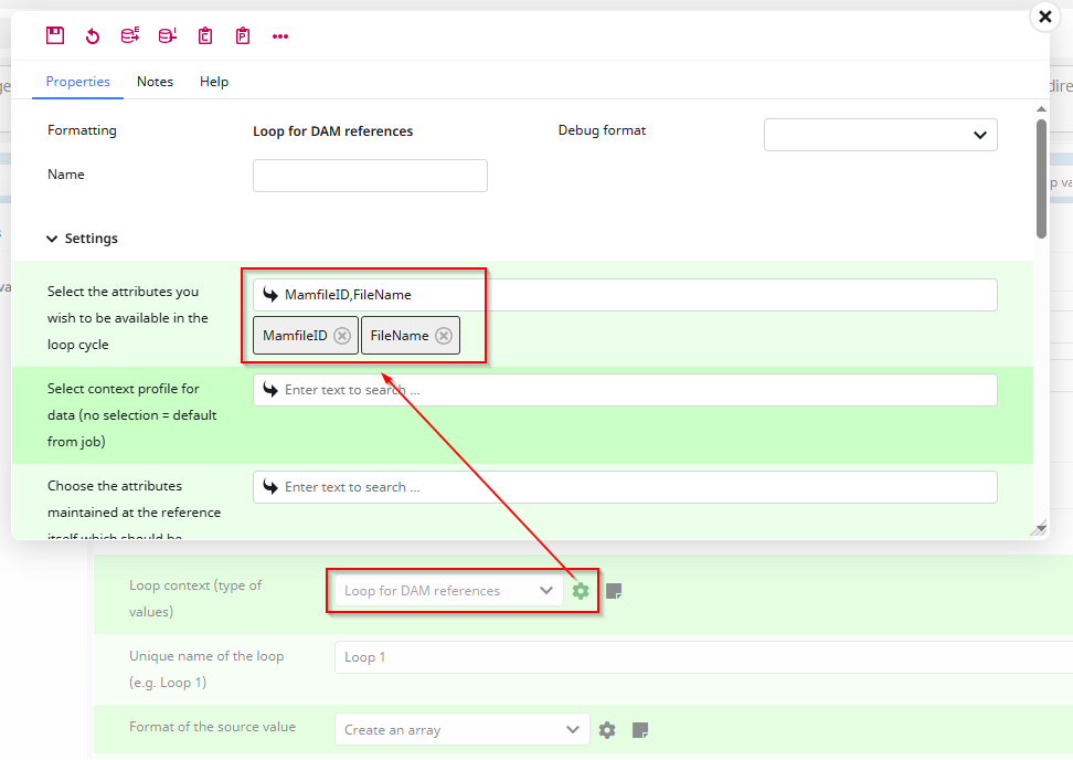 Screenshot of configuring the loop context