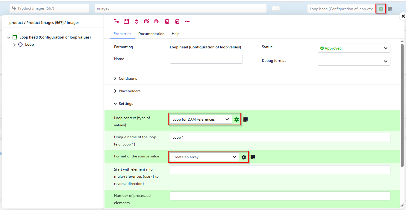 Screenshot configuring loop head for DAM Export Example
