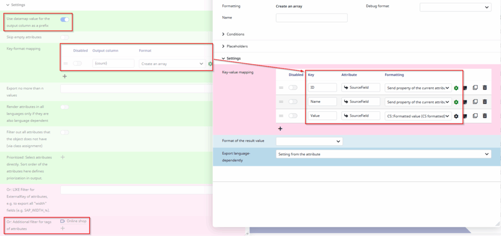 Screenshot example configuration for the "Export several attributes simultaneously" format