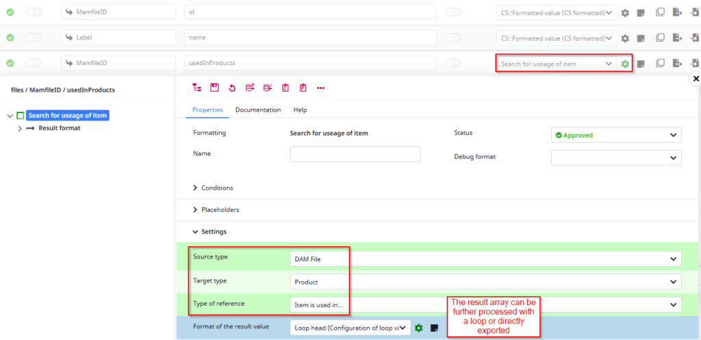 Screenshot of the example configuration for the "Search for Useage of Item" format plugin