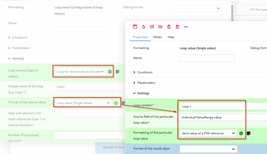 Screenshot of the further processing loop configuration for  the "Search for Useage of Item" format plugin