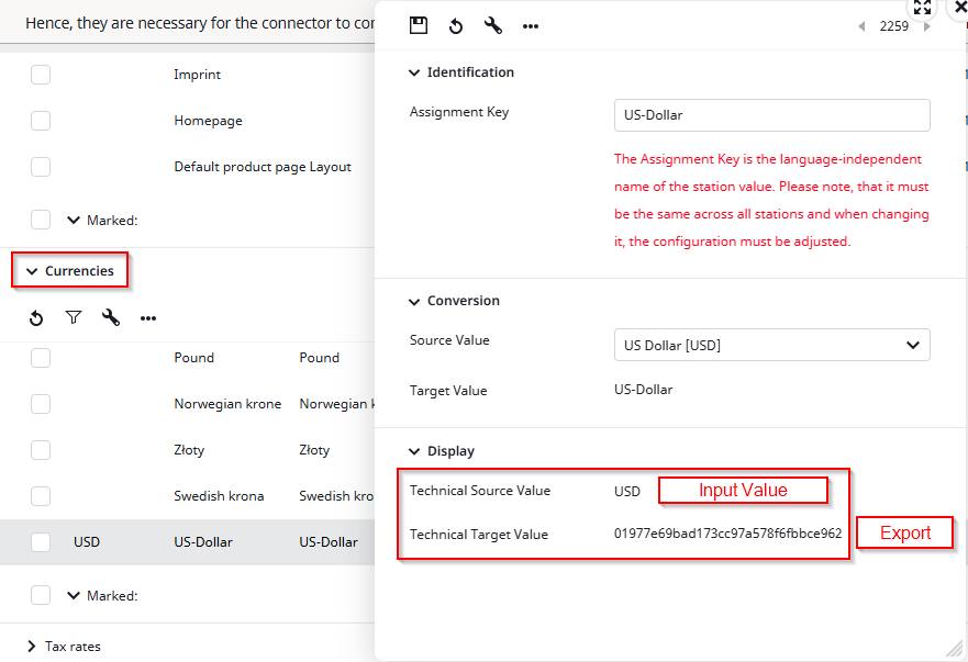 Screenshot of the Input / Export value