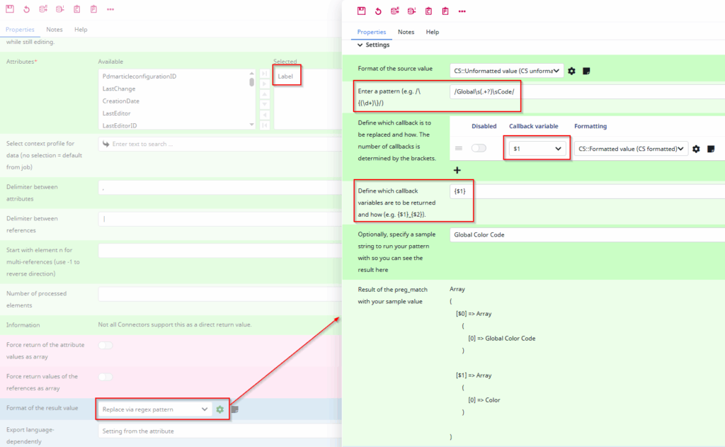 Screenshot of the regex pattern´for the example configuration